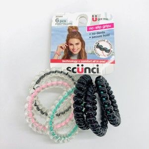 Scunci 6 Piece Silicone Elastic Ponytail Holders #33344 No Slip Dent Secure Hold